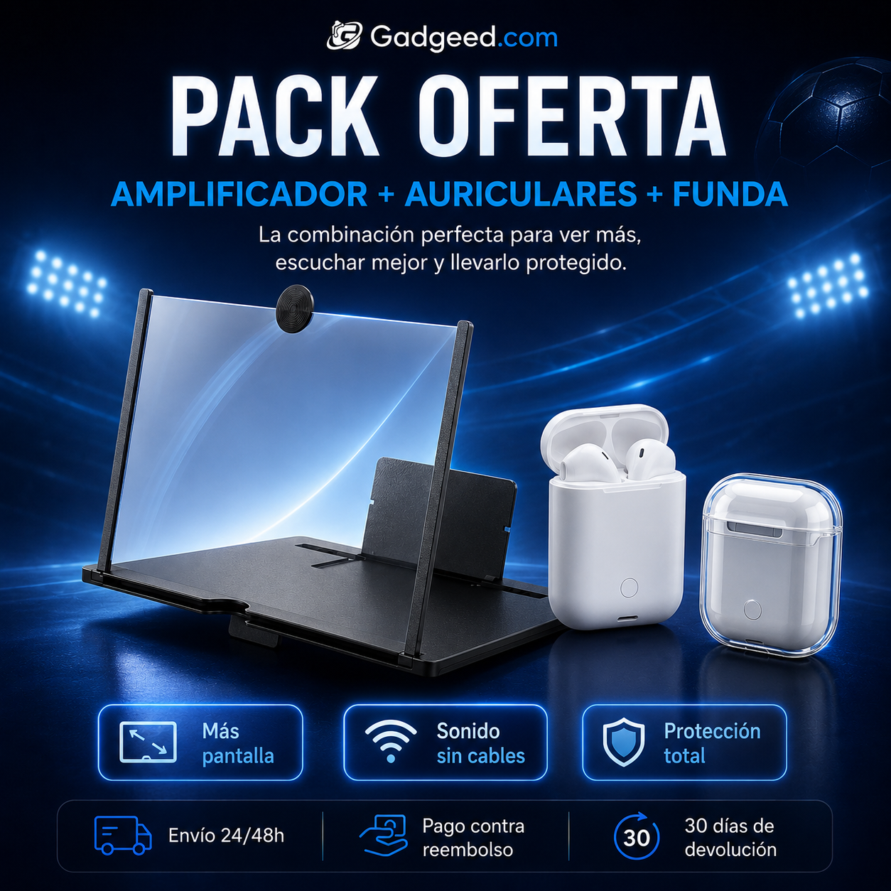 Pack Tecnológico Amplificador Pantalla + Auriculares Inalambricos + Funda