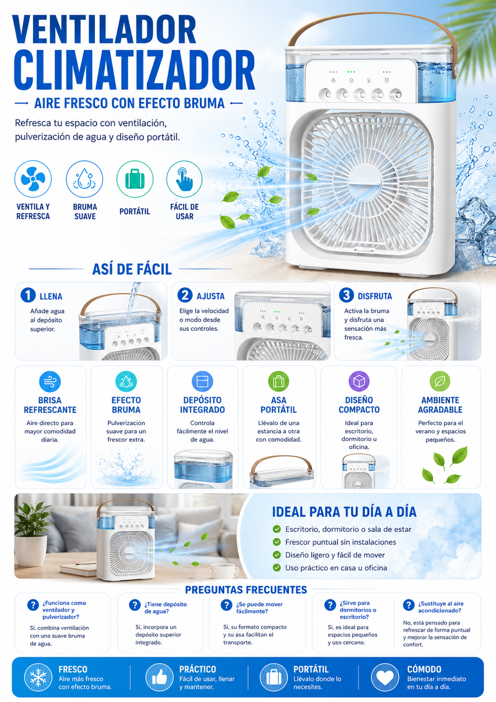 Ventilador Climatizador con pulverizador portátil