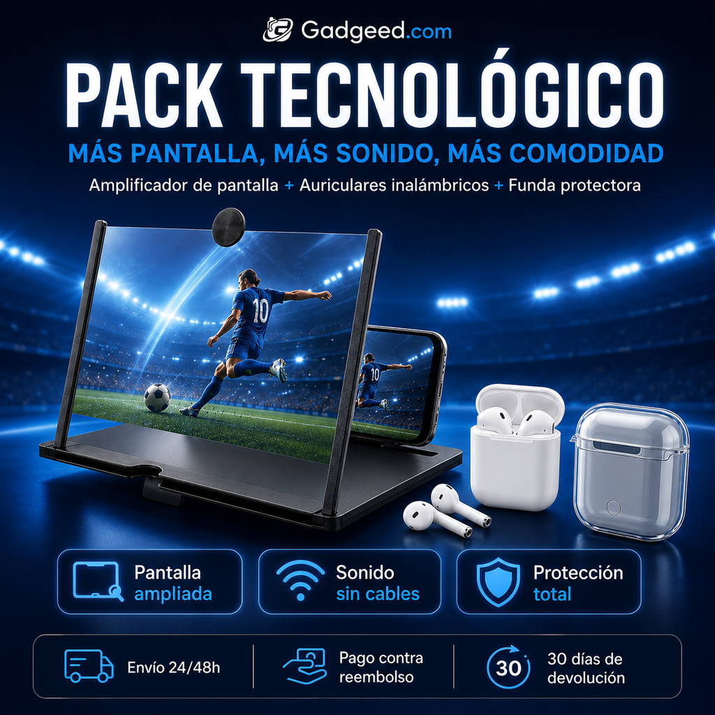 Pack Tecnológico Amplificador Pantalla + Auriculares Inalambricos + Funda