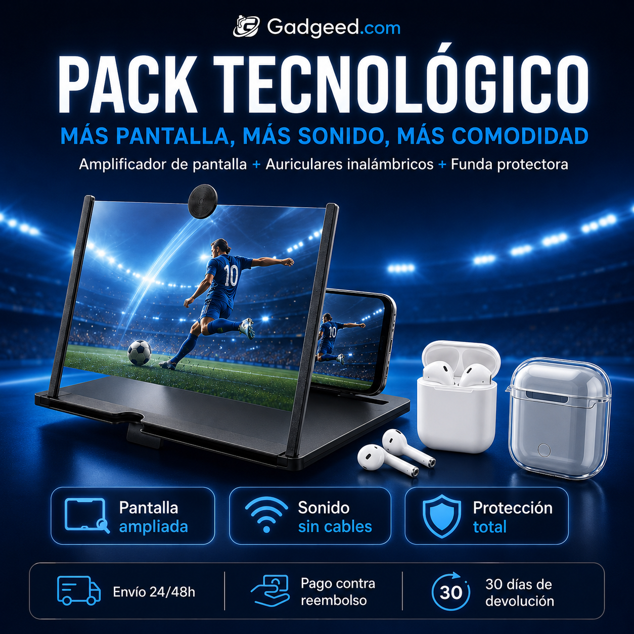 Pack Tecnológico Amplificador Pantalla + Auriculares Inalambricos + Funda