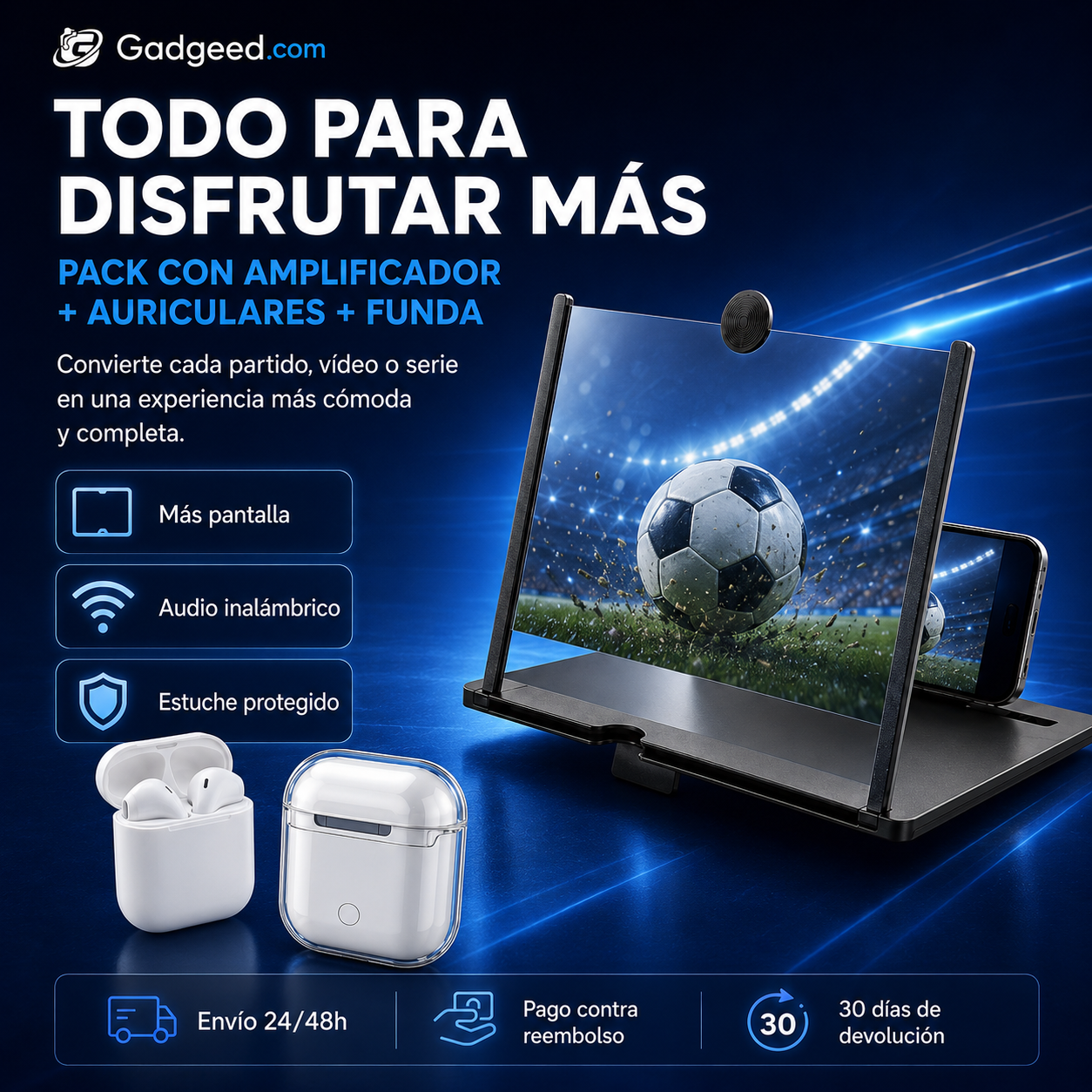 Pack Tecnológico Amplificador Pantalla + Auriculares Inalambricos + Funda