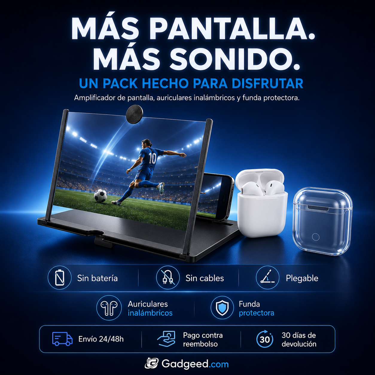 Pack Tecnológico Amplificador Pantalla + Auriculares Inalambricos + Funda